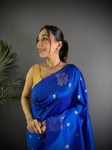 Dista Elora Royal Blue Lichi Silk Flower Zari Weaving Banarasi Saree, view 3
