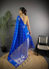 Dista Elora Royal Blue Lichi Silk Flower Zari Weaving Banarasi Saree, view 4