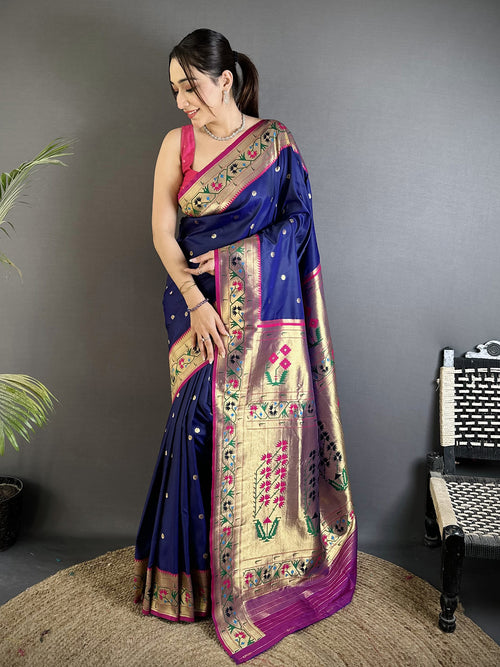 Dista Elora Royal Blue Lichi Silk Ikkat Floral Motifs Zari Woven Paithani Saree