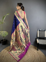 Dista Elora Royal Blue Lichi Silk Ikkat Floral Motifs Zari Woven Paithani Saree, view 2