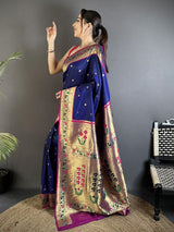 Dista Elora Royal Blue Lichi Silk Ikkat Floral Motifs Zari Woven Paithani Saree, view 3