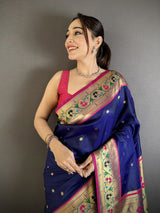 Dista Elora Royal Blue Lichi Silk Ikkat Floral Motifs Zari Woven Paithani Saree, view 4