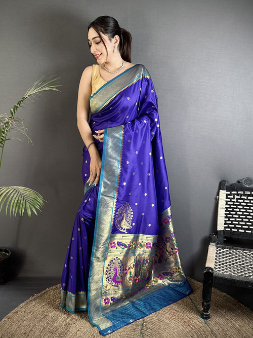 Dista Elora Royal Blue Lichi Silk Paithani Peacock Motifs Zari Work Saree