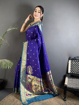 Dista Elora Royal Blue Lichi Silk Paithani Peacock Motifs Zari Work Saree, view 2