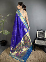 Dista Elora Royal Blue Lichi Silk Paithani Peacock Motifs Zari Work Saree, view 3