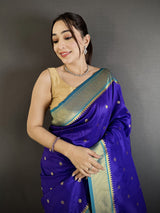 Dista Elora Royal Blue Lichi Silk Paithani Peacock Motifs Zari Work Saree, view 4