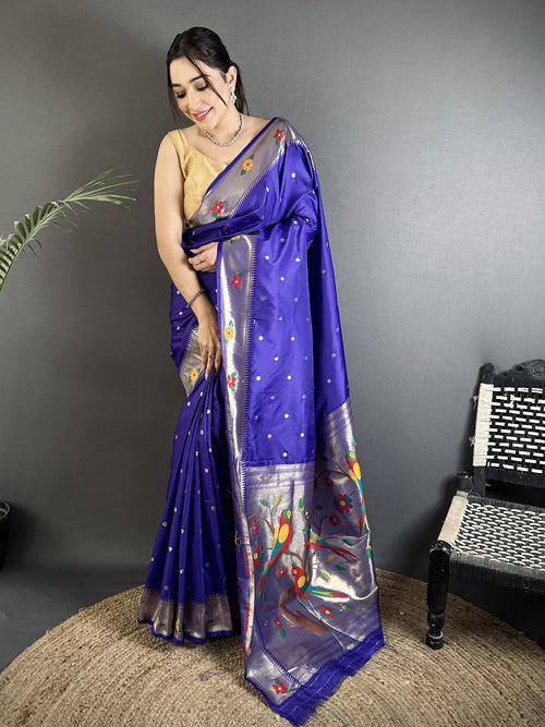 Dista Elora royal blue Lichi Silk Parrot & Floral Woven Design Zari Weaving Paithani Saree