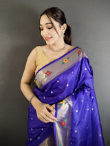 Dista Elora royal blue Lichi Silk Parrot & Floral Woven Design Zari Weaving Paithani Saree, view 2