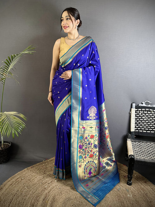 Dista Elora Royal Blue Lichi Silk Peacock & Floral Motifs Zari Weaving Paithani Saree