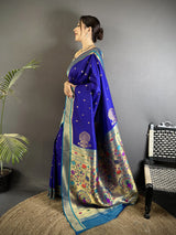 Dista Elora Royal Blue Lichi Silk Peacock & Floral Motifs Zari Weaving Paithani Saree, view 2
