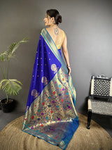 Dista Elora Royal Blue Lichi Silk Peacock & Floral Motifs Zari Weaving Paithani Saree, view 3