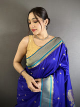 Dista Elora Royal Blue Lichi Silk Peacock & Floral Motifs Zari Weaving Paithani Saree, view 4