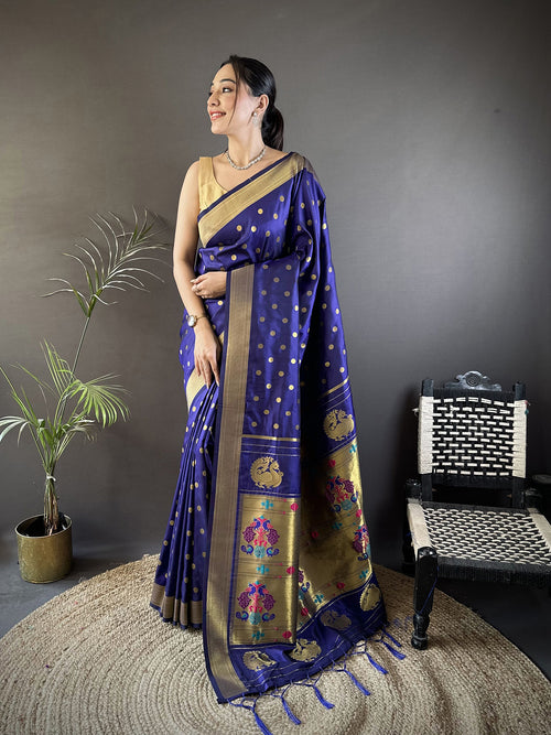 Dista Elora Royal Blue Lichi Silk Peacock & Floral Motis Zari Weaving Paithani Saree