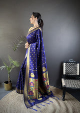 Dista Elora Royal Blue Lichi Silk Peacock & Floral Motis Zari Weaving Paithani Saree, view 2