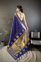 Dista Elora Royal Blue Lichi Silk Peacock & Floral Motis Zari Weaving Paithani Saree, view 3