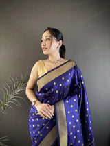 Dista Elora Royal Blue Lichi Silk Peacock & Floral Motis Zari Weaving Paithani Saree, view 4