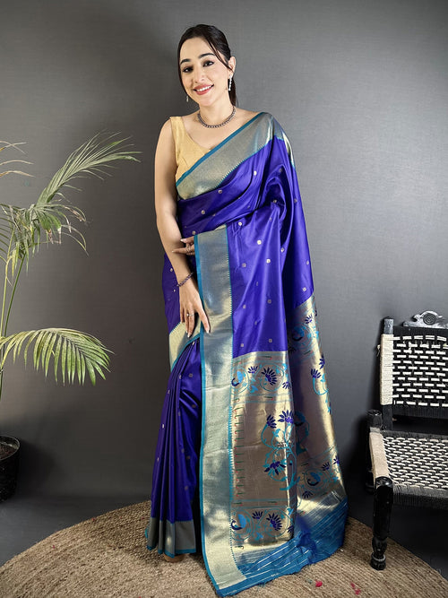 Dista Elora Royal Blue Lichi Silk Peacock Motifs Zari weaving Paithani Saree