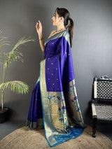 Dista Elora Royal Blue Lichi Silk Peacock Motifs Zari weaving Paithani Saree, view 2