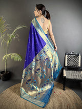 Dista Elora Royal Blue Lichi Silk Peacock Motifs Zari weaving Paithani Saree, view 3