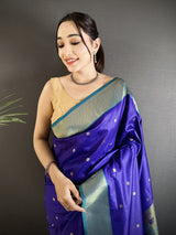 Dista Elora Royal Blue Lichi Silk Peacock Motifs Zari weaving Paithani Saree, view 4