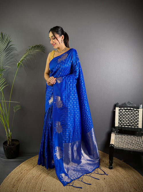 Dista Elora Royal Blue Lichi Silk Striped Jacquard Zari Weaving Banarasi Saree
