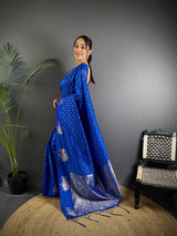 Dista Elora Royal Blue Lichi Silk Striped Jacquard Zari Weaving Banarasi Saree, view 2