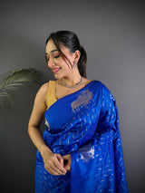 Dista Elora Royal Blue Lichi Silk Striped Jacquard Zari Weaving Banarasi Saree, view 3