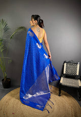 Dista Elora Royal Blue Lichi Silk Striped Jacquard Zari Weaving Banarasi Saree, view 4