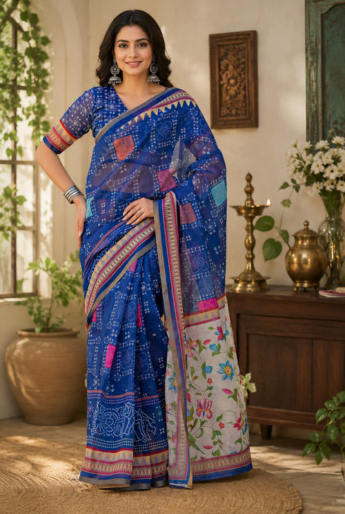 Dista Elora Royal Blue Linen Bandhani Digital Print Bollywood Saree