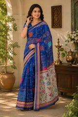 Dista Elora Royal Blue Linen Bandhani Digital Print Bollywood Saree, view 2
