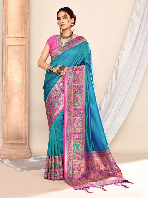 Dista Elora Royal Blue Pure Soft Silk Banarasi Plain Weaving Saree
