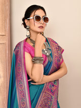 Dista Elora Royal Blue Pure Soft Silk Banarasi Plain Weaving Saree, view 4