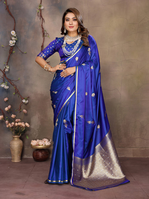 Dista Elora Royal Blue Satin Silk Floral & Botanical Motifs Zari Woven Banarasi Saree