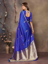Dista Elora Royal Blue Satin Silk Floral & Botanical Motifs Zari Woven Banarasi Saree, view 2