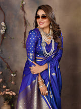 Dista Elora Royal Blue Satin Silk Floral & Botanical Motifs Zari Woven Banarasi Saree, view 3