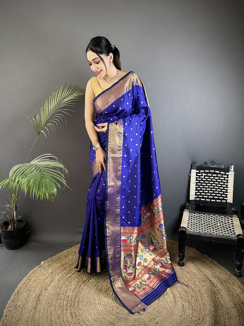 Dista Elora Royal Blue Soft Lichi Silk Butti Meenakari Work Paithani Saree