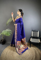 Dista Elora Royal Blue Soft Lichi Silk Butti Meenakari Work Paithani Saree, view 2