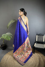 Dista Elora Royal Blue Soft Lichi Silk Butti Meenakari Work Paithani Saree, view 3