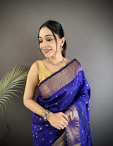 Dista Elora Royal Blue Soft Lichi Silk Butti Meenakari Work Paithani Saree, view 4