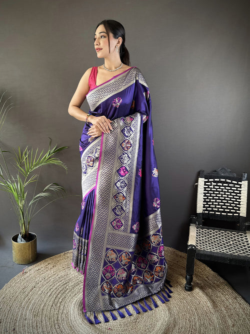 Dista Elora Royal Blue Soft Lichi Silk Elephant & Floral Motifs Minakari Work Banarasi Saree