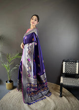 Dista Elora Royal Blue Soft Lichi Silk Elephant & Floral Motifs Minakari Work Banarasi Saree, view 2