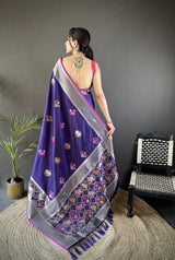 Dista Elora Royal Blue Soft Lichi Silk Elephant & Floral Motifs Minakari Work Banarasi Saree, view 3