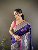 Dista Elora Royal Blue Soft Lichi Silk Elephant & Floral Motifs Minakari Work Banarasi Saree, view 4