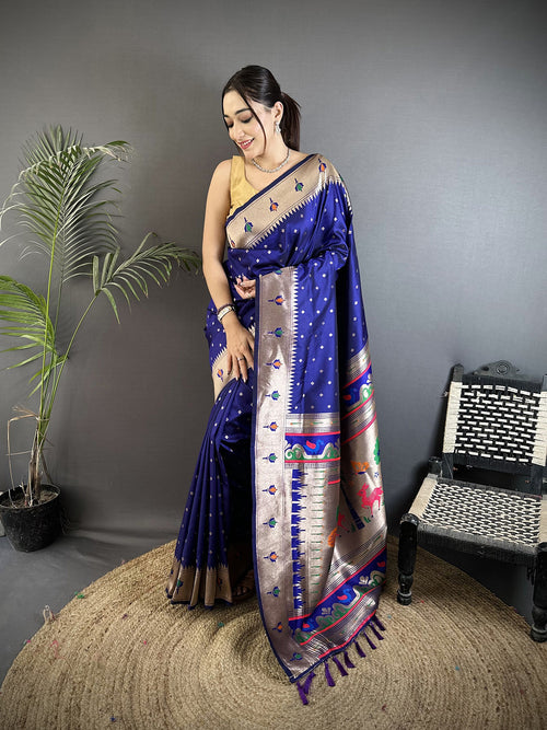 Dista Elora Royal Blue Soft Lichi Silk Peacock & Floral Motifs Jacquard Kanchipuram Saree