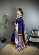Dista Elora Royal Blue Soft Lichi Silk Peacock & Floral Motifs Jacquard Kanchipuram Saree, view 2