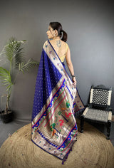 Dista Elora Royal Blue Soft Lichi Silk Peacock & Floral Motifs Jacquard Kanchipuram Saree, view 3