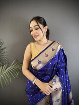 Dista Elora Royal Blue Soft Lichi Silk Peacock & Floral Motifs Jacquard Kanchipuram Saree, view 4