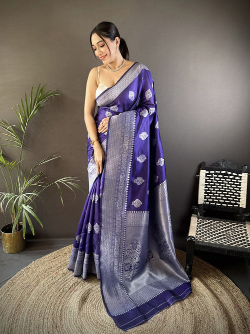 Dista Elora Royal Blue Soft Silk Floral Motifs Banarasi Saree