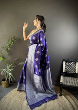 Dista Elora Royal Blue Soft Silk Floral Motifs Banarasi Saree, view 2