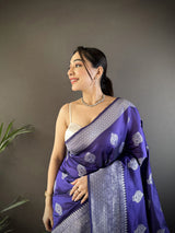 Dista Elora Royal Blue Soft Silk Floral Motifs Banarasi Saree, view 3